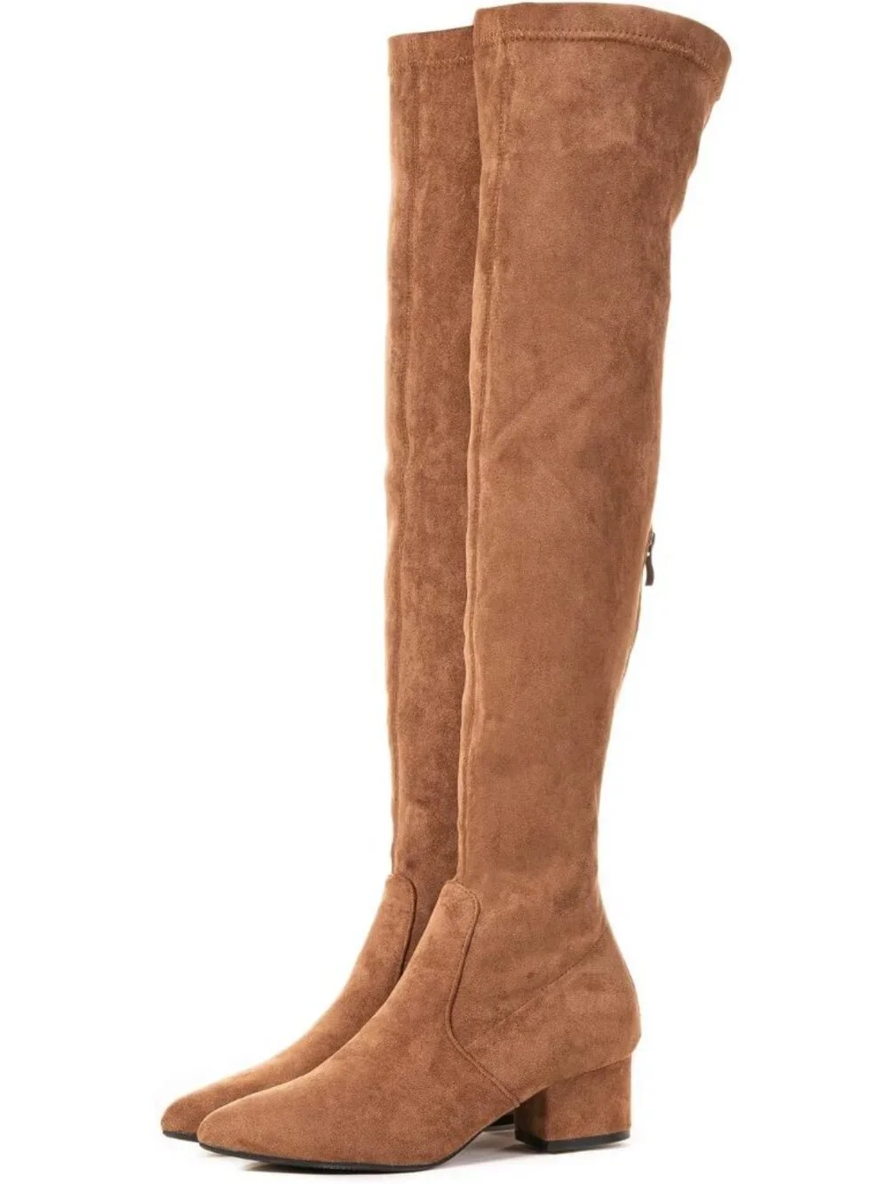 Women's Brown 2 Inch Pointed Toe Chunky Block Heel Over The Knee High Boots